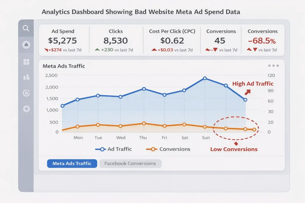 Analytics dashboard showing bad website Meta ad spend data