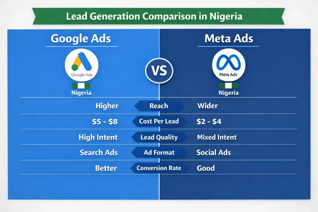 "Comparison of Google Ads vs Meta Ads Nigeria for lead generation.