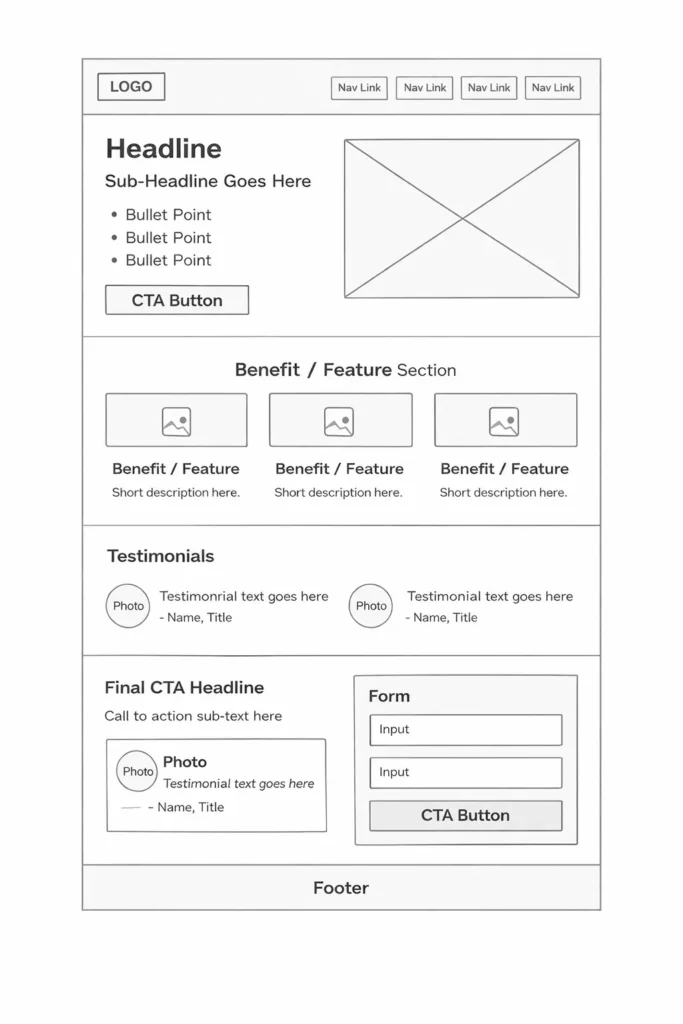 A wireframe of a landing page structure that converts