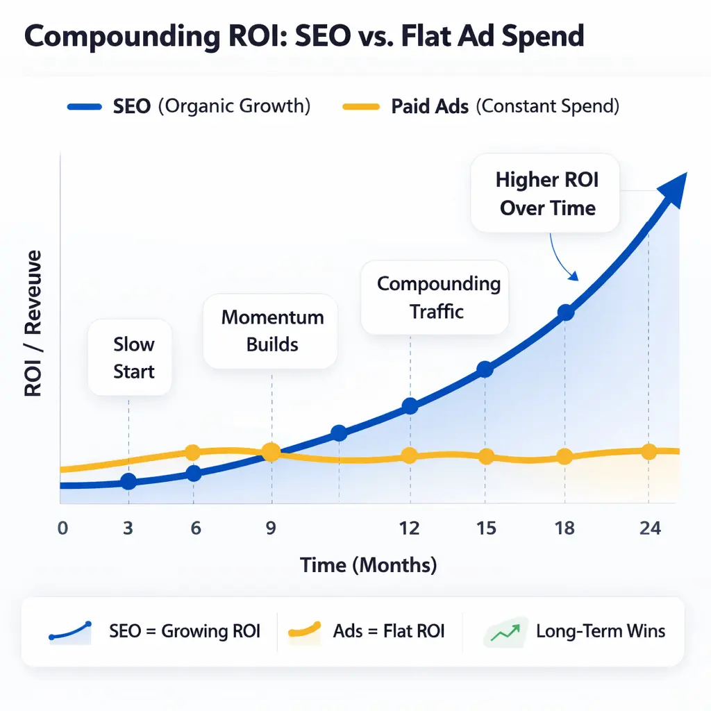 A graph comparing the compounding ROI of SEO versus flat ad spend.
