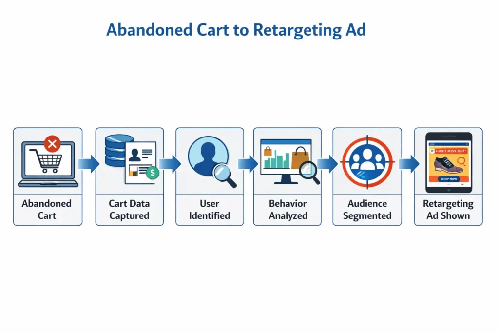 A flowchart showing the flow of data from an abandoned cart to a retargeting ad.