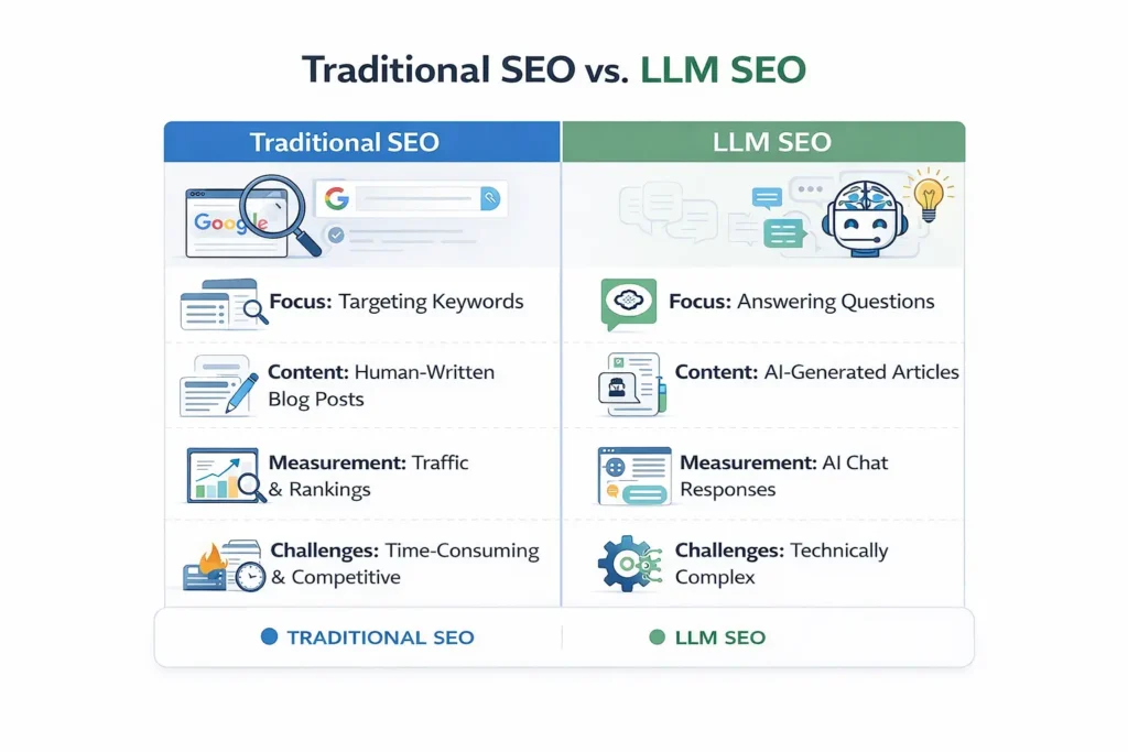 A visual comparison chart showing Traditional SEO vs. LLM SEO